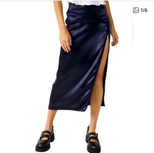 FREE PEOPLE Satin Lace Skirt In "Ink" Dakotah Maxi Skirt Midi 10 / 12